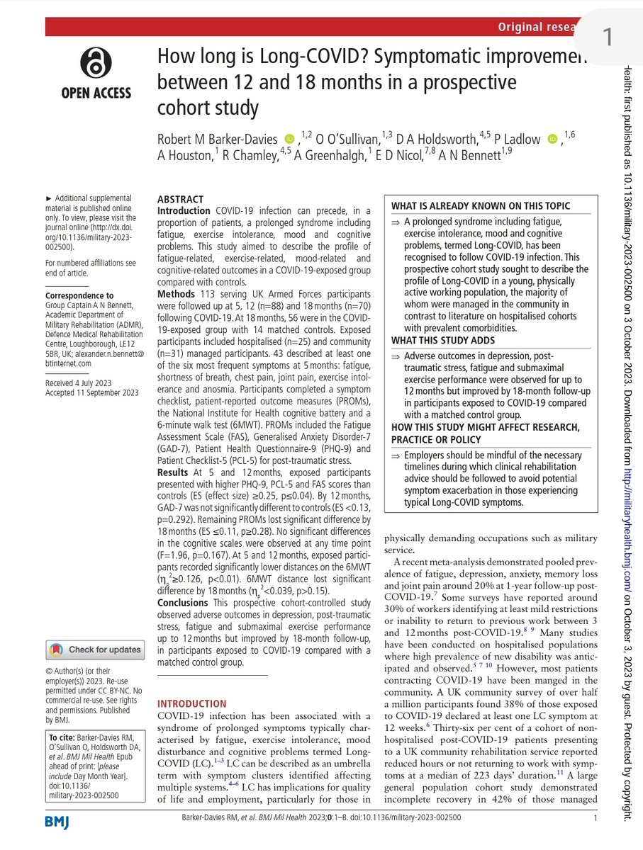 Dr Pete Ladlow (@ladlowpete) on Twitter photo ⭐ Final study by UK Def Rehab on COVID-19 research outcomes now published.
👉🏼 Improved outcomes between 12 & 18 months post illness in COVID-exposed participants compared to healthy matched controls.
<a href="/dms_dmrc/">DMRC-Stanford Hall</a> <a href="/DMS_DefRehab/">Defence Rehabilitation</a> <a href="/ollieosul/">Oliver OSullivan</a> #COVID19
tinyurl.com/dzdm2xre ⭐ Final study by UK Def Rehab on COVID-19 research outcomes now published.
👉🏼 Improved outcomes between 12 & 18 months post illness in COVID-exposed participants compared to healthy matched controls.
<a href="/dms_dmrc/">DMRC-Stanford Hall</a> <a href="/DMS_DefRehab/">Defence Rehabilitation</a> <a href="/ollieosul/">Oliver OSullivan</a> #COVID19
tinyurl.com/dzdm2xre