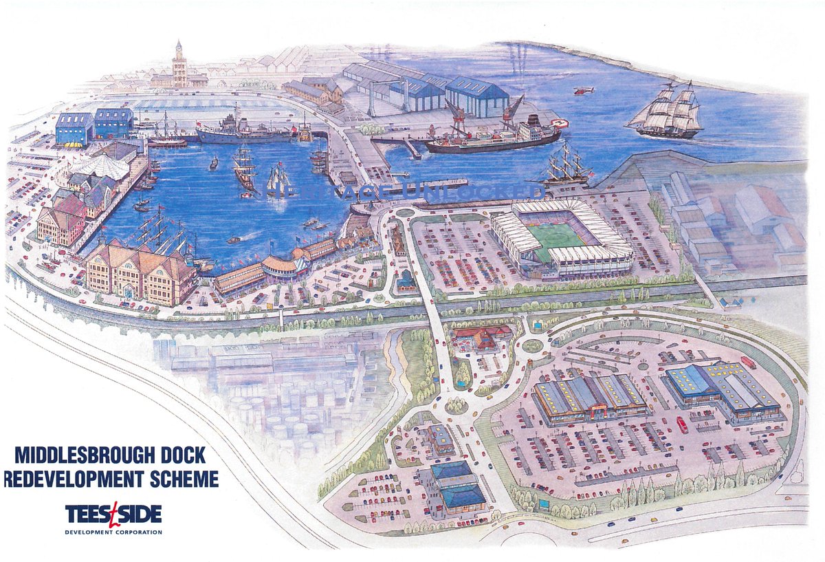 HeritageUnlockd's tweet photo. A promising future for the redevelopment of Middlesbrough Dock proposed by the Teesside Development Corporation, 1990s. https://t.co/aaDekvZ8Fa