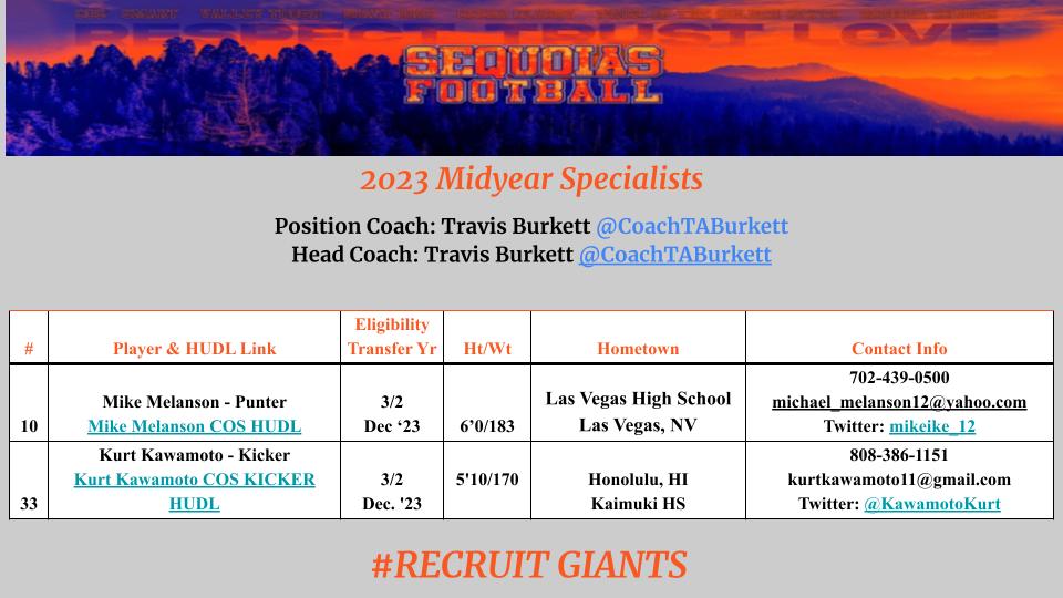 DonovanDMcJ's tweet photo. Midyear Specialists @COSGIANTS_FB ... Punter @mikeike_12 Kicker @KawamotoKurt Returner @DavidAlcantar_ Long Snapper Mike Nakao Jump into the film to eval.  Position coach @CoachTABurkett #RecruitGiants https://t.co/tlGcbdbqxK