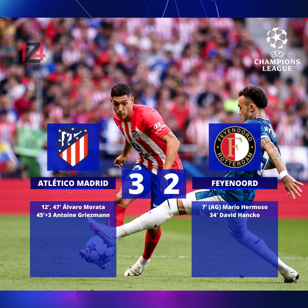 Zona14fc's tweet photo. 📌 Sufrimiento para el colchonero

✅ El #AtleticoMadrid da vuelta al resultado y consigue sus tres primeros puntos.

❌ Honorable presentación del #Feyenoord que casi rasca puntos en el Wanda.
#UCL #UEFA #ChampionsLeague #Europa #Futbol https://t.co/MYMHzhEcHP