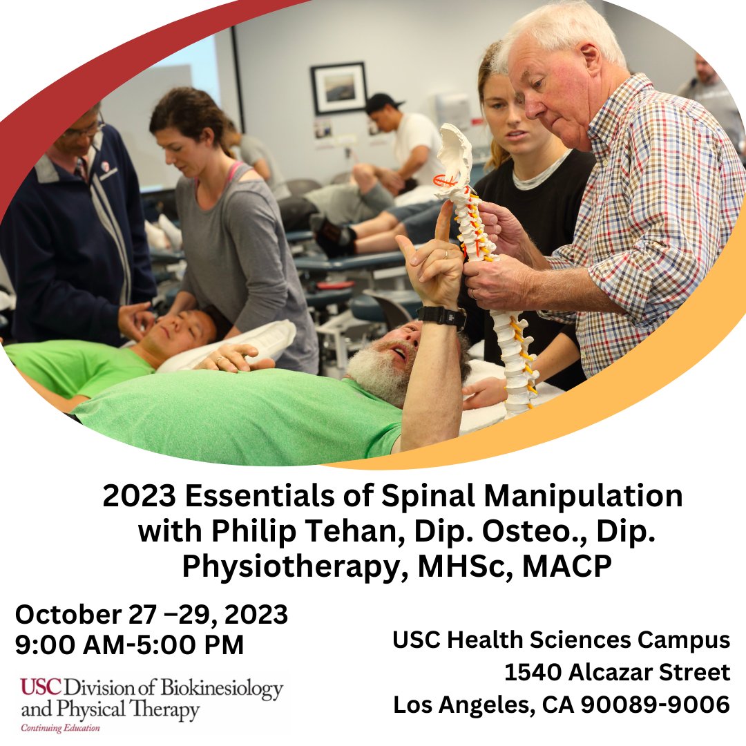 Please join us for the course, Essentials of Spinal Manipulation, October 27-29, 2023, with Dr. Philip Tehan. Don't miss this opportunity! Limited capacity and the only time Dr. Tehan will be on the West Coast.
See link below for more information:
web.cvent.com/event/ad49ba57…