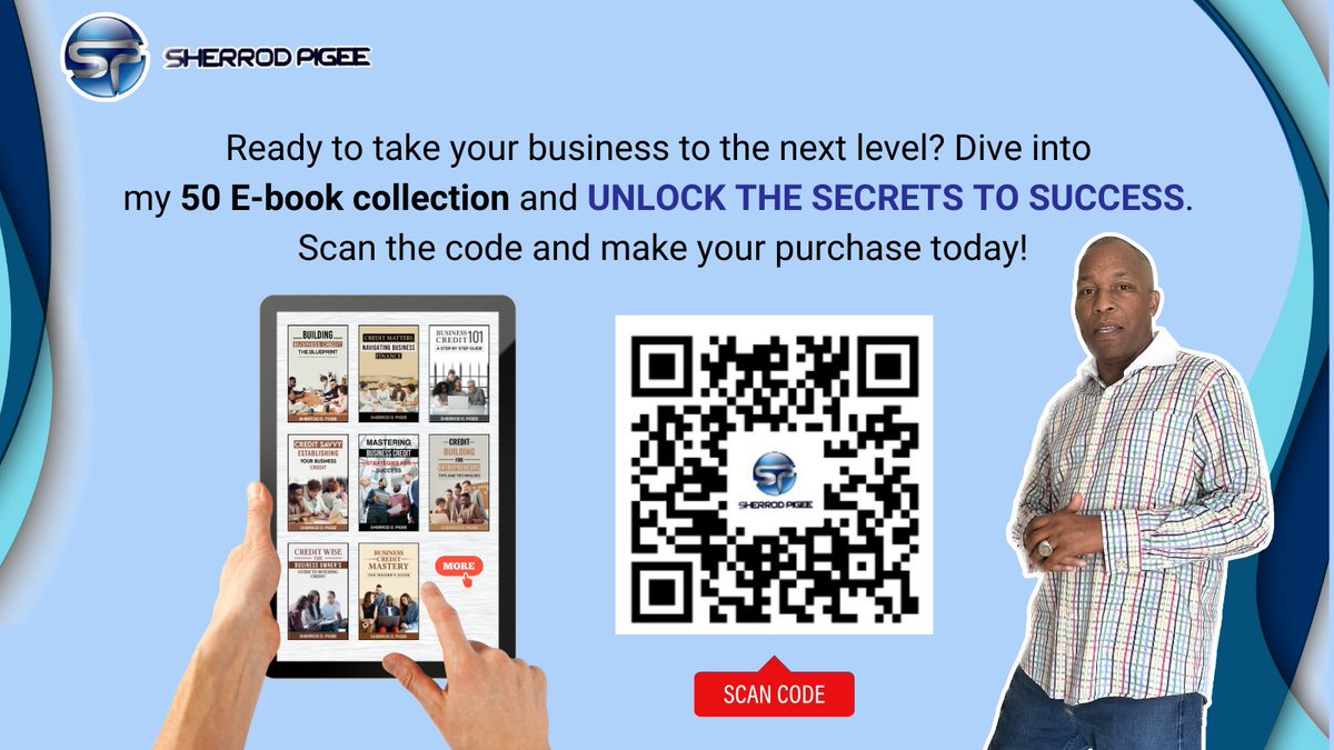 SherrodDPigee's tweet photo. Discover the roadmap to success! My 50 E-book collection holds the keys you need. Visit https://t.co/wMtEIn7b3a or  SCAN THE CODE now, and let's get started on your path to greatness.

#sherrodpigee #businesstips #masteringbusiness #einnumbers #businesscredit #EbooksForSuccess https://t.co/1XCAqEwB8O