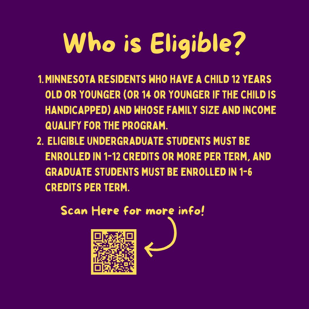 Are you a student parent? Interested in heading back to classes?

The Minnesota Office of Higher Education is offering the Postsecondary Child Care Grant to help low income students who have young children pay for child care while the student attends classes.

Scan the QR code!