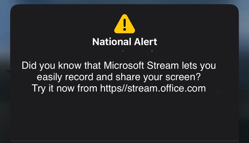 Sorry about the #nationalalert test. We were running a growth experiment for <a href="/MicrosoftStream/">Microsoft Stream</a>, but the text was incorrect. Should have looked like this: