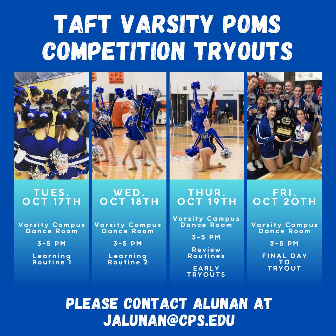 Competition Team Tryouts are here!!! Please fill out the interest form with the link below. If you have questions contact Coach Alunan at jalunan@cps.edu
forms.gle/nvSQpnzCgXYVVb…

<a href="/TaftHSAthletics/">Taft Athletics</a> <a href="/Taft_HS/">Taft High School</a> <a href="/ap_hess/">Melissa Hess</a>