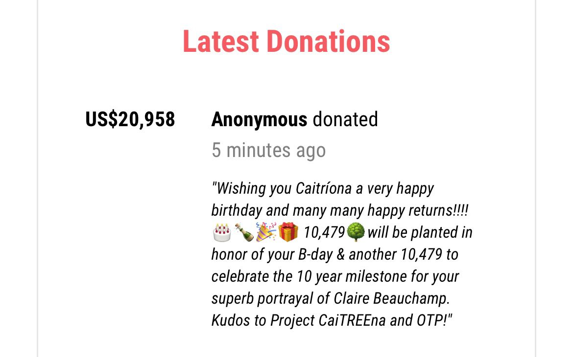 OLFanvidz's tweet photo. I'm shook! @projcaitreena means everything to us! Thank you so much to all the donors and especially this latest blessing! 💚🫶💚

You've truly made an impact on the environment, all in honour of such an inspirational woman! 

Happy Birthday @caitrionambalfe ! 🥳

#CaitríonaBalfe https://t.co/rn3vHcVZgI