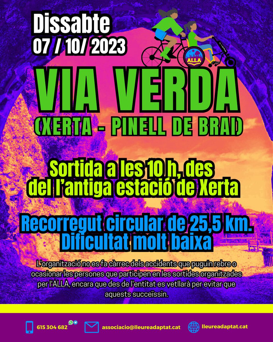 RODADA INCLUSIVA PER LA VIA VERDA👩🏾‍🦽👩🏾‍🦼🚴🏾‍♀️ | Dissabte sortim a rodar per la via verda, des de Xerta a Pinell de Brai.

ℹ️ Per apuntar-te:
📱 Contacte al número de mòbil 615 30 46 82.
🤗 No pots faltar, ja que xalarem de valent!