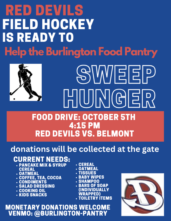 BHS Red Devils AT and Strength & Conditioning (@bhsreddevils_at) on Twitter photo Tomorrow is the day... Come out and support the <a href="/RedDevilsFH/">BHS Field Hockey</a> as they take on Belmont! Bring your donations for <a href="/BurlFoodPantry/">BurlingtonFoodPantry</a> to the game on Varsity Field @ 4:15! Athletes will have bins waiting to be filled! <a href="/BHSRedDevils/">Shaun Hart</a> Tomorrow is the day... Come out and support the <a href="/RedDevilsFH/">BHS Field Hockey</a> as they take on Belmont! Bring your donations for <a href="/BurlFoodPantry/">BurlingtonFoodPantry</a> to the game on Varsity Field @ 4:15! Athletes will have bins waiting to be filled! <a href="/BHSRedDevils/">Shaun Hart</a>