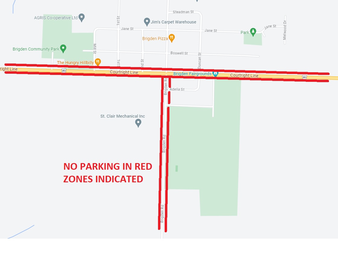 OPP_WR's tweet photo. The Brigden Fair is around the corner and #LambtonOPP wants to advise that NO PARKING zones have been identified below. Parking is FREE on the fairgrounds for attendees and shuttles are available from the parking area to the attractions. Please obey all 'NO PARKING' signage.^jb https://t.co/csPiJ1xJgm