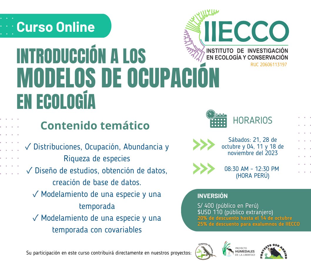 iiecco's tweet photo. 📚No te pierdas nuestro nuevo #IIECCOCurso! 💻 "Introducción a los Modelos de Ocupación en Ecología"

📝Para recibir más información sobre este curso, déjanos tu correo en el siguiente formulario: 👇
https://t.co/VS0peSgXIl

#Ecología #Conservación #Curso #Biodiversidad https://t.co/yJ7UzXgoBo
