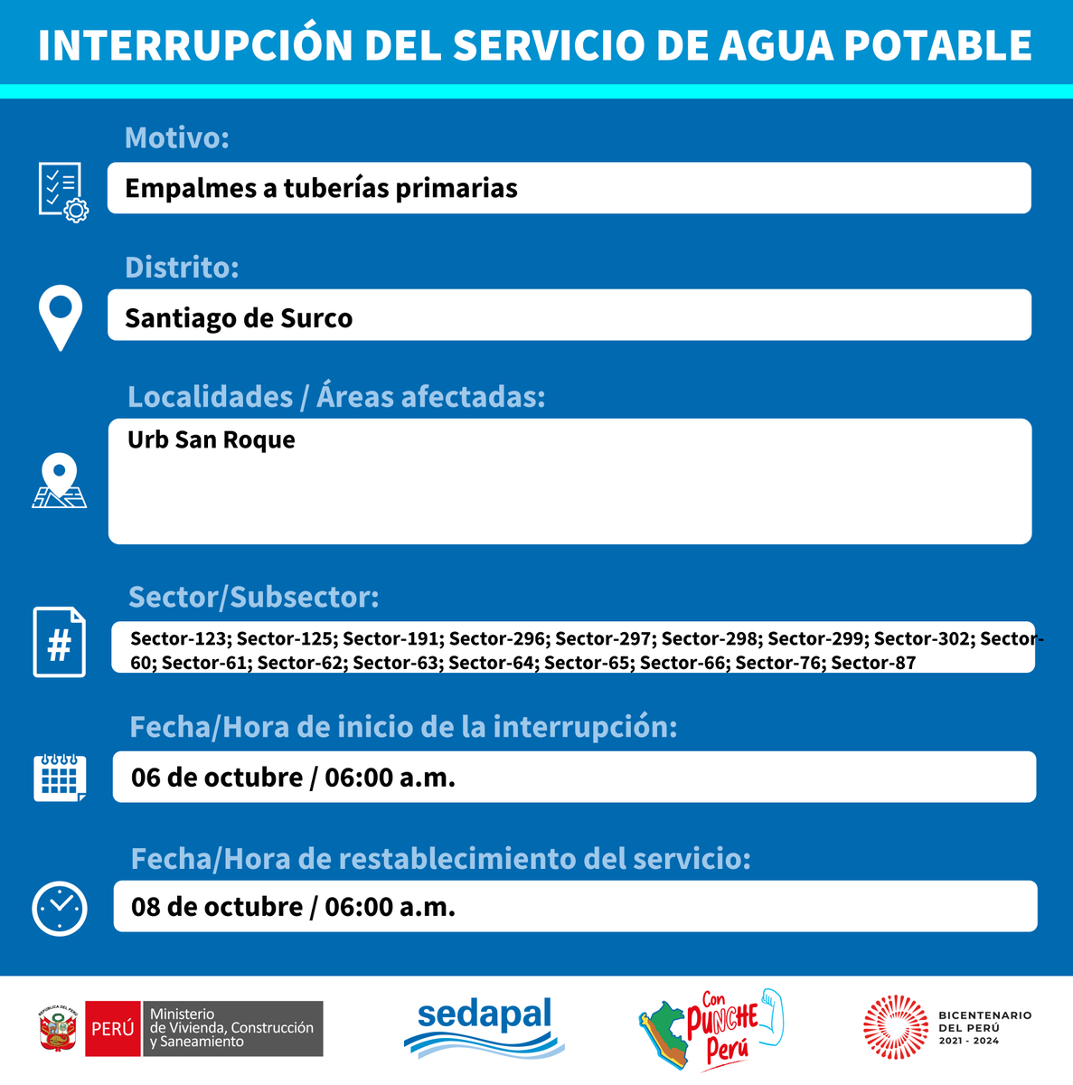 SedapalOficial's tweet photo. 🔴¡ATENCIÓN, SAN ISIDRO Y SANTIAGO DE SURCO! Sedapal realizará labores programadas en este punto de su distrito el día VIERNES 06 de octubre. Trabajamos para mejorar la calidad de vida de los vecinos de #Lima y #Callao.

#Sedapal #Agua #InterrupciónDeServicio https://t.co/XKQKm6aa8t