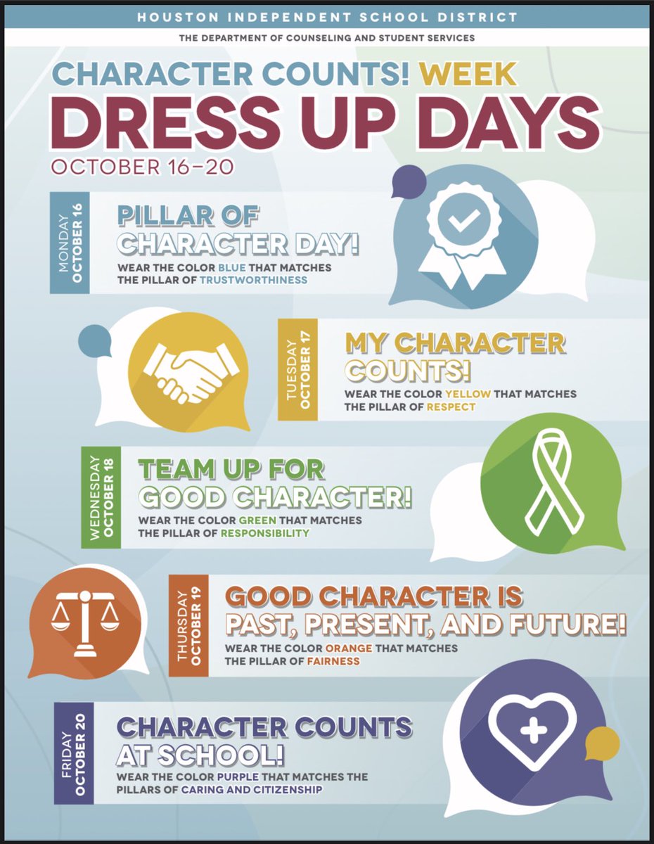 HISD_ACC's tweet photo. The Counseling &amp; Student Services Department will be celebrating Character Counts Week October 16-20! We look forward to seeing all the campus participation! @CHARACTERCOUNTS @HoustonISD  @TeamHISD  @KarenJoHISD https://t.co/jJokZUxDa5