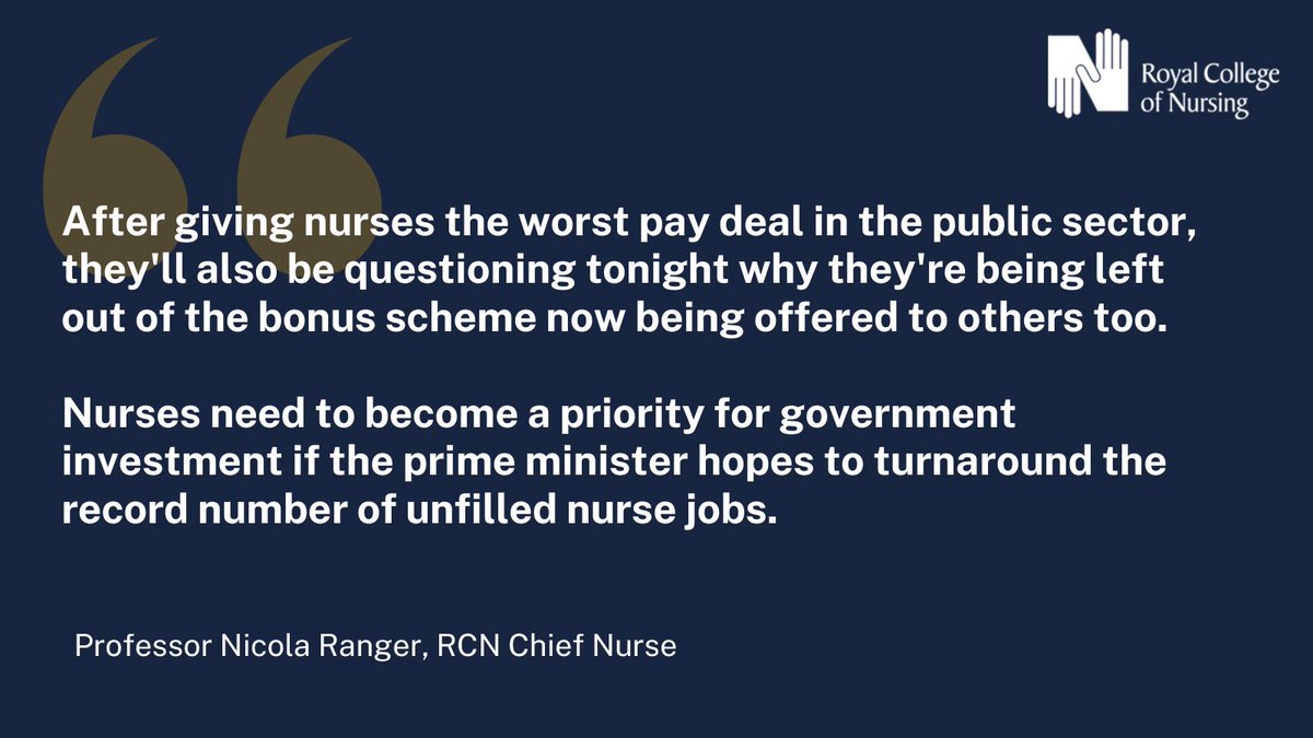 theRCN's tweet photo. “The prime minister’s plans for the NHS are at risk of being derailed by the nurse shortage he is still not addressing." 

RCN Chief Nurse Nicola Ranger responds to PM Rishi Sunak's speech earlier today. https://t.co/UNfyz7zLaC