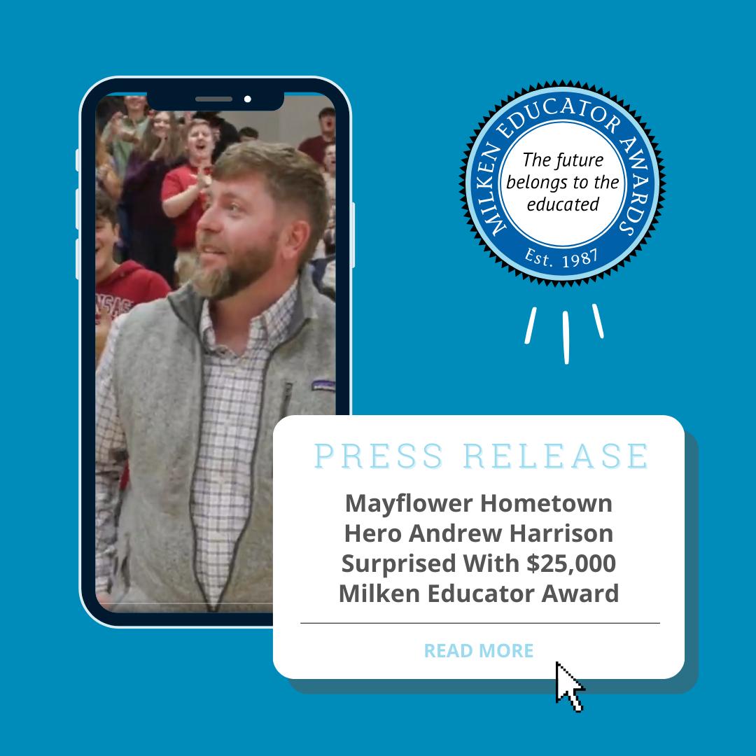 Read the Press Release at dese.ade.arkansas.gov/News! — Today, it was the school community's turn to cheer for Coach Harrison when Lowell Milken surprised him with Mayflower Public Schools' first @Milken Educator Award in the initiative's 36-year history. #MilkenAward #MEA3K