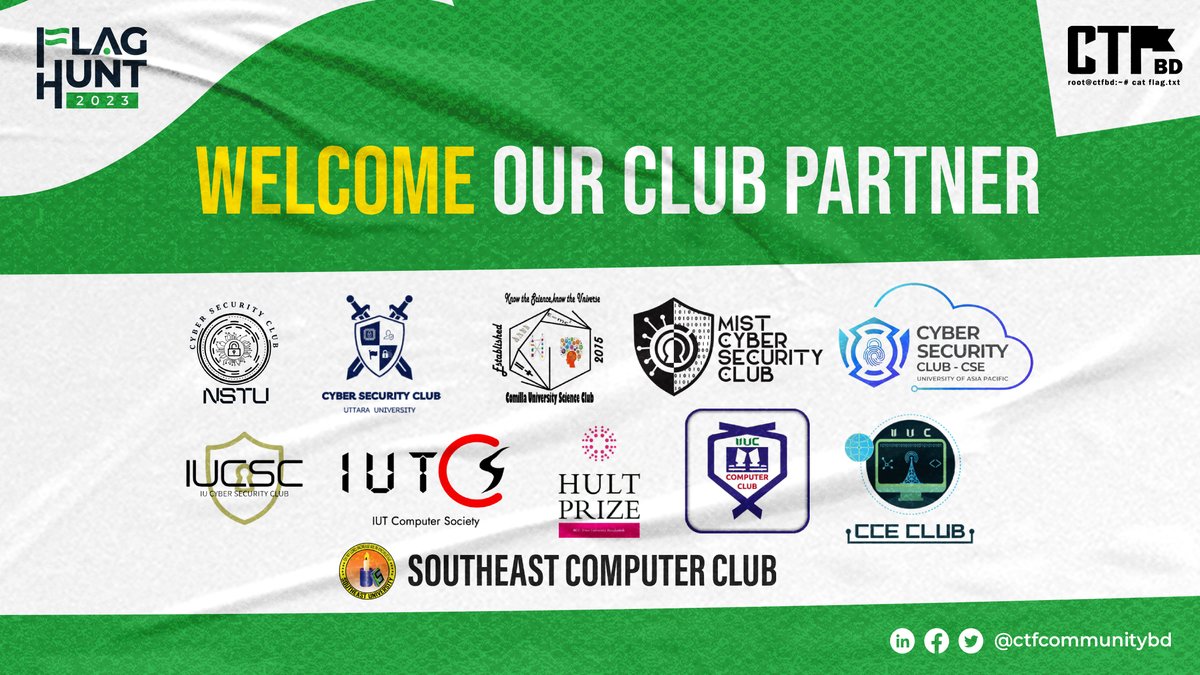 ctfcommunitybd's tweet image. At Flag Hunt 2023, we believe in the power of collaboration and the strength of unity in the cybersecurity community. That's why we are thrilled to extend a warm welcome to some of the brightest clubs and organizations out there!
#flaghunt2023
#ctfbd