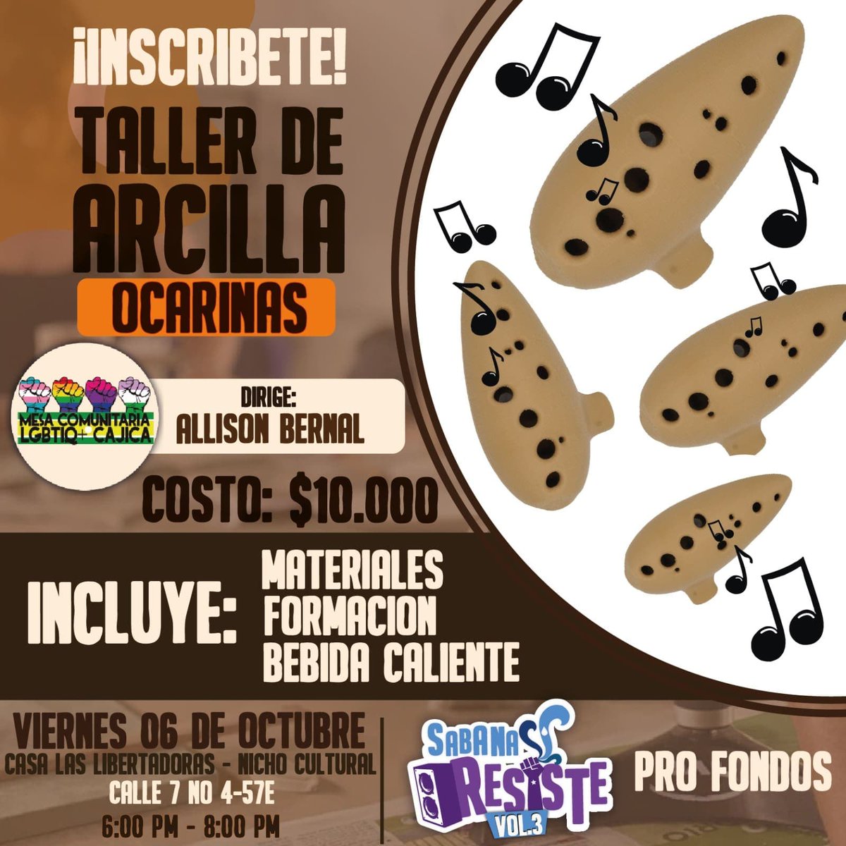 CajicaMesa's tweet photo. Seguimos en la recolección de fondos para #sabanaresistevol3 el festival independiente que convoca organizaciones sociales de #Cajicá #Chía #Zipaquirá y #Tenjo 
.
Te invitamos a este taller pro fondos de #ocarinas en arcilla. Inscríbete en este link https://t.co/I07PHLqqnQ https://t.co/fiP4Ye4wLM