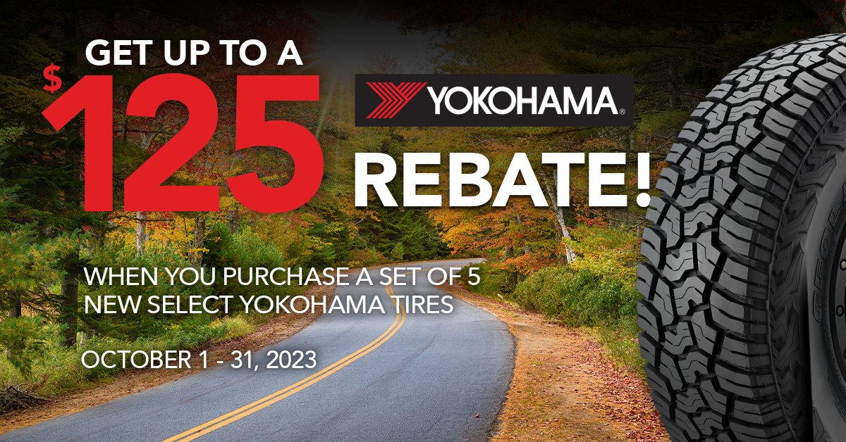 Ready for a seasonal refresh? Purchase a set of four new select Yokohama tires and receive up to a $100 Yokohama Tire Prepaid Mastercard by online or mail-in rebate. bit.ly/3EZAUeA