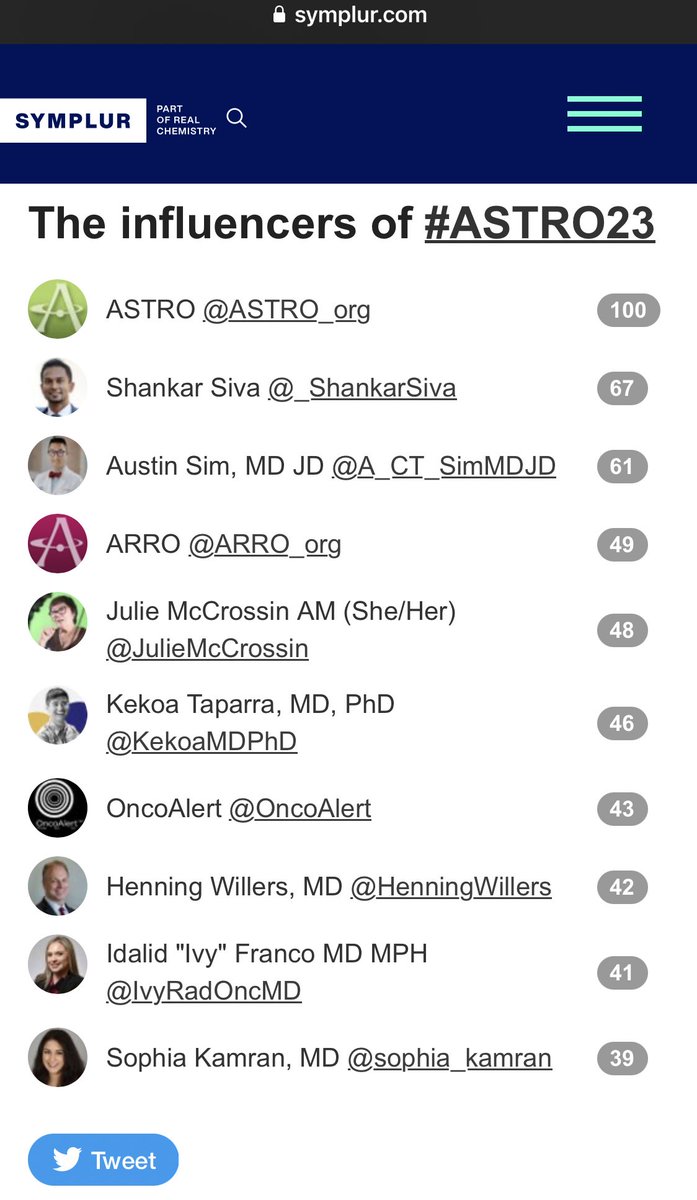 WOW!! Don’t know how I made it onto this list but I’ll take it! 🤩☢️🧬#RepresentationMatters #BeIntentional

Top Influencers of #ASTRO23 👉 @ASTRO_org @_ShankarSiva @A_CT_SimMDJD @ARRO_org @JulieMcCrossin @KekoaMDPhD @OncoAlert @HenningWillers @sophia_kamran
 via @symplur