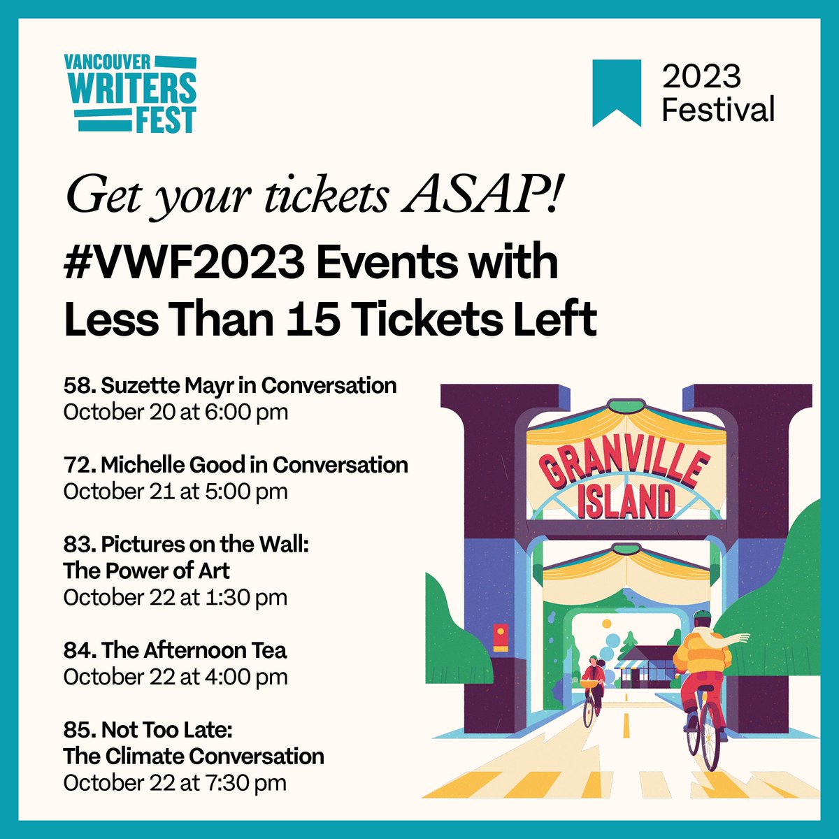 If you’ve had your eye on any of these events, now is the time to book your tickets! These five #VWF2023 events each have less than 15 tickets left for purchase. 🧵