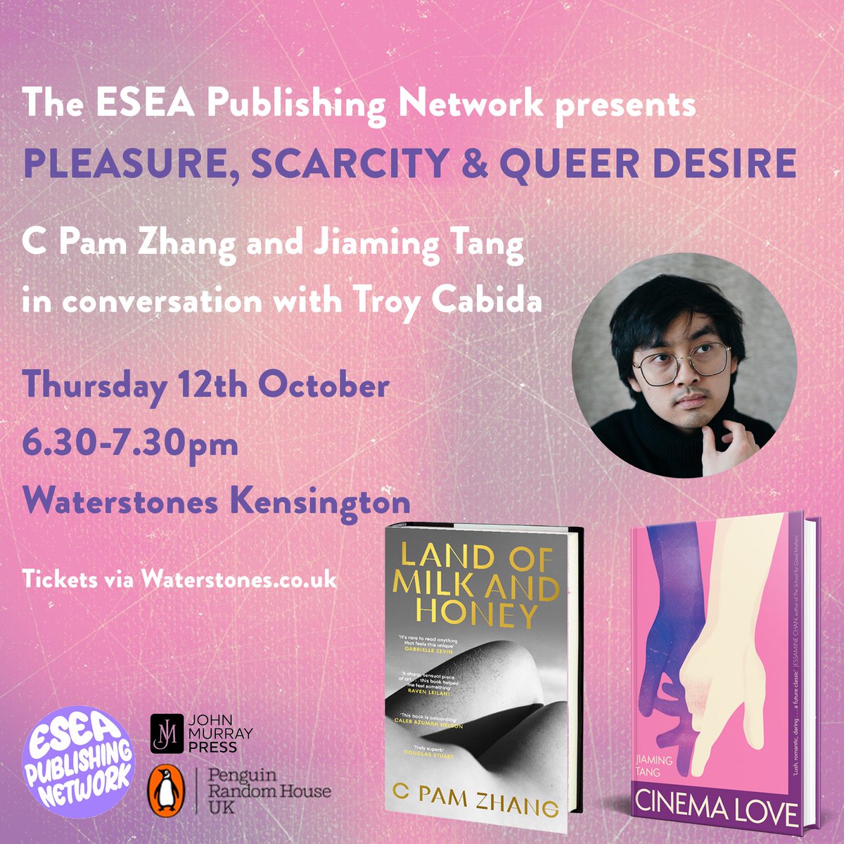 eseapn's tweet photo. Join us for this v special event on Thursday 12 Oct at Waterstones Kensington!

@cpamzhang &amp; Jiaming Tang @andymintan will be in conversation w/ @TroyCabida about pleasure, scarcity, queer desire, + their new novels, with an intro by ESEA Publishing Network co-founder Joanna Lee https://t.co/9QPHKduglN