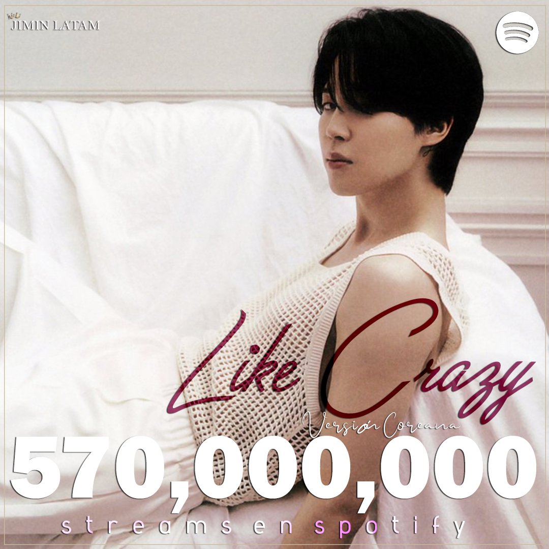 PJMLATAM_'s tweet photo. “Like Crazy” (versión coreana) superó 570 millones de reproducciones en Spotify! 🥳🎉

No dejemos de reproducir, es nuestra PRIORIDAD💪🏻

CONGRATULATIONS JIMIN

#Jimin_FACE #LikeCrazy https://t.co/eqYBIDvSx2