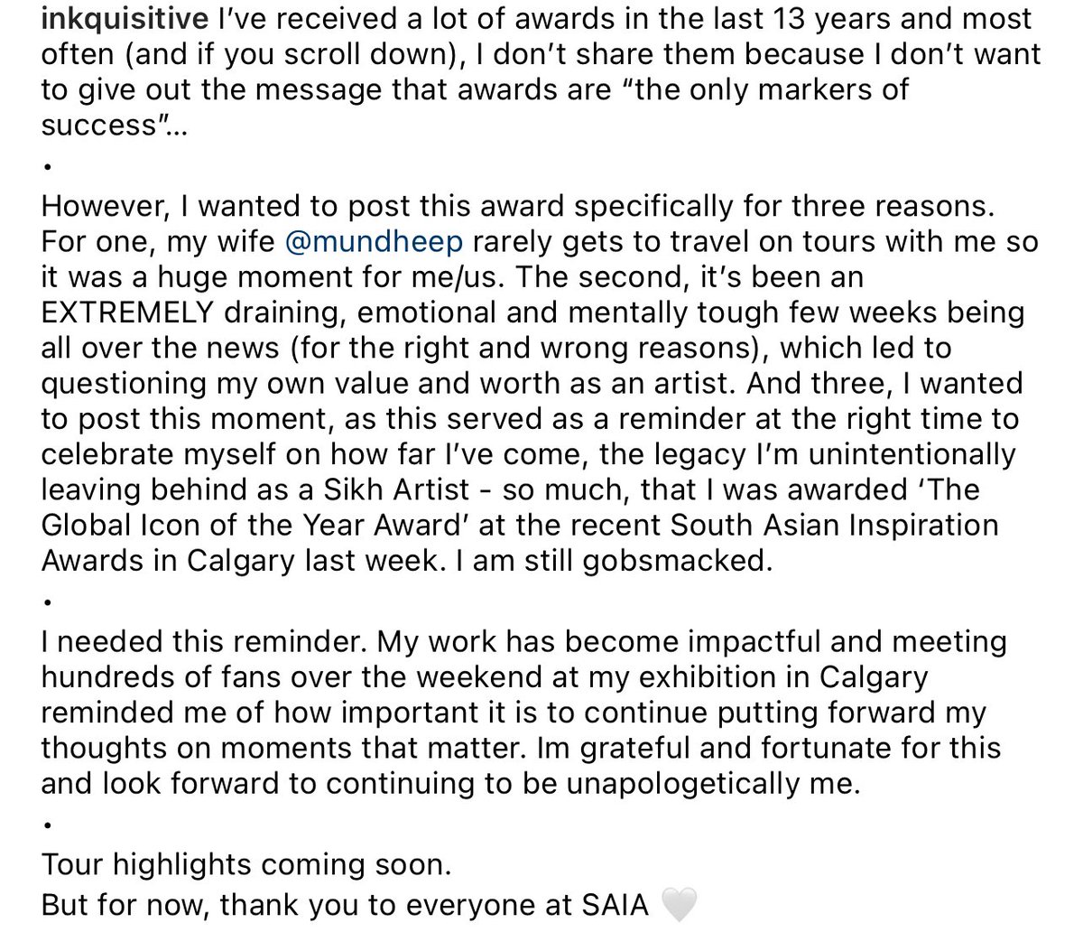 i don’t share my awards, because they aren’t the only markers of success. but i wanted to share this one for a few reasons - which i’ve shared below. a huge thank you to the south asian inspiration awards (SAIA) in calgary last week for the “global icon of the year” award. 🤎