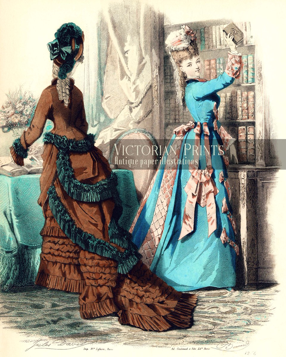 Victorian ladies at a bookshop, 1875. Free high-res printable JPEG for #alteredart, #graphicdesign, #papercrafts or #wallart at bit.ly/3PAkKgs.
|| #belleépoque #fashionhistory #fashionillustration #gildedage #victorianprint #vintageart #vintageprint