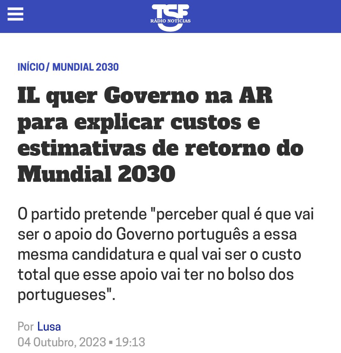 ruirochaliberal's tweet photo. Aparentemente Portugal disponibilizou-se para organizar um mundial de futebol sem qualquer previsão dos custos que vai ter ou retorno esperado. A Iniciativa Liberal anunciou hoje que vai chamar a Ministra Ana Catarina Mendes ao Parlamento com carácter de urgência para explicar muito detalhadamente o que sustenta esta decisão. Queremos ver os números.
A Iniciativa Liberal monitorará todo este processo de forma muito rigorosa. Os portugueses já sabem o que é que a ligação políticos-futebol tem feito à boa gestão do dinheiro dos contribuintes.
A realização do Mundial de 2030 não pode tornar-se em mais um momento de utilização de dinheiros públicos sem rigor nem transparência.