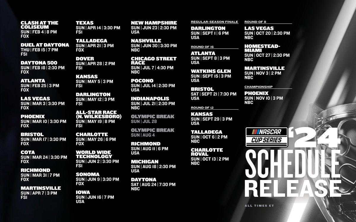 A heart-pounding, high-octane thrill ride is coming your way.

This is the 2024 NASCAR Cup Series schedule!