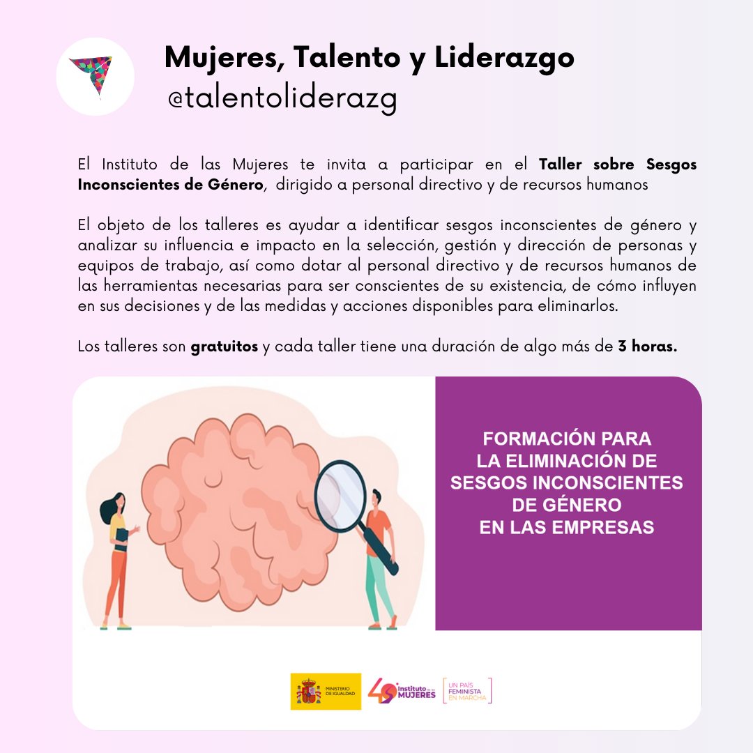 InstMujeres's tweet photo. 📚 Te invitamos a participar en el #taller sobre Sesgos Inconscientes de Género en las empresas. 👉 Dirigido a personal directivo y de recursos humanos.

🗓️ 19 de octubre ⏰ 9:45 h. 📍 en #LaCasaAbierta (Calle Pechuán, 1, Madrid).
✍️ Inscripción necesaria: https://t.co/D4EvTuvEyS https://t.co/KJwJBtpBN2