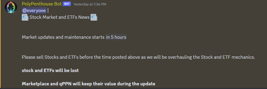 Cryptodotman's tweet photo. Missed the previous #dip ? No problem 
Market is going to be updated and will undergo maintenance starting in 5H
Join @PolyPenthouse on their #Discord and be prepared to buy #stocks &amp; #ETFs 
 
--> https://t.co/ckjYnbOr25 <--

#PPN #qPPN #PTP #polypenthouse #Crypto #NFTs #web3 https://t.co/vadSfzU39F