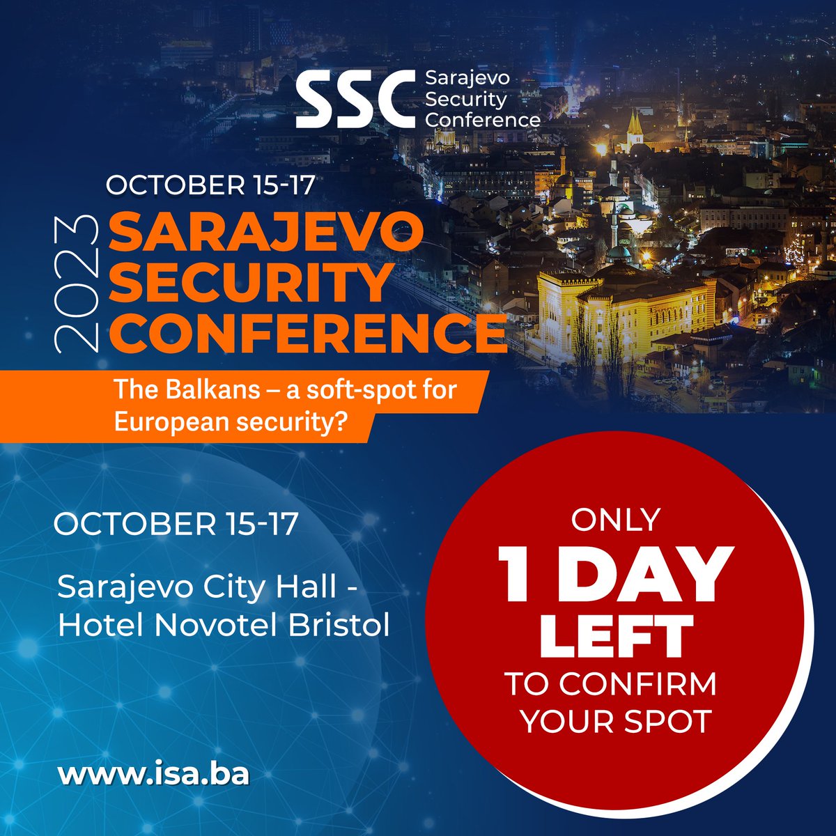 The 1st-ever #SSC2023 🇧🇦 is only 10 days away!

With 1 day left to register, secure your spot on time; the registration form is on our website (student spots are free!) ➡️ isa.ba 

Any❓ or prefer registering via e-mail? No problem, reach out to info@isa.ba!