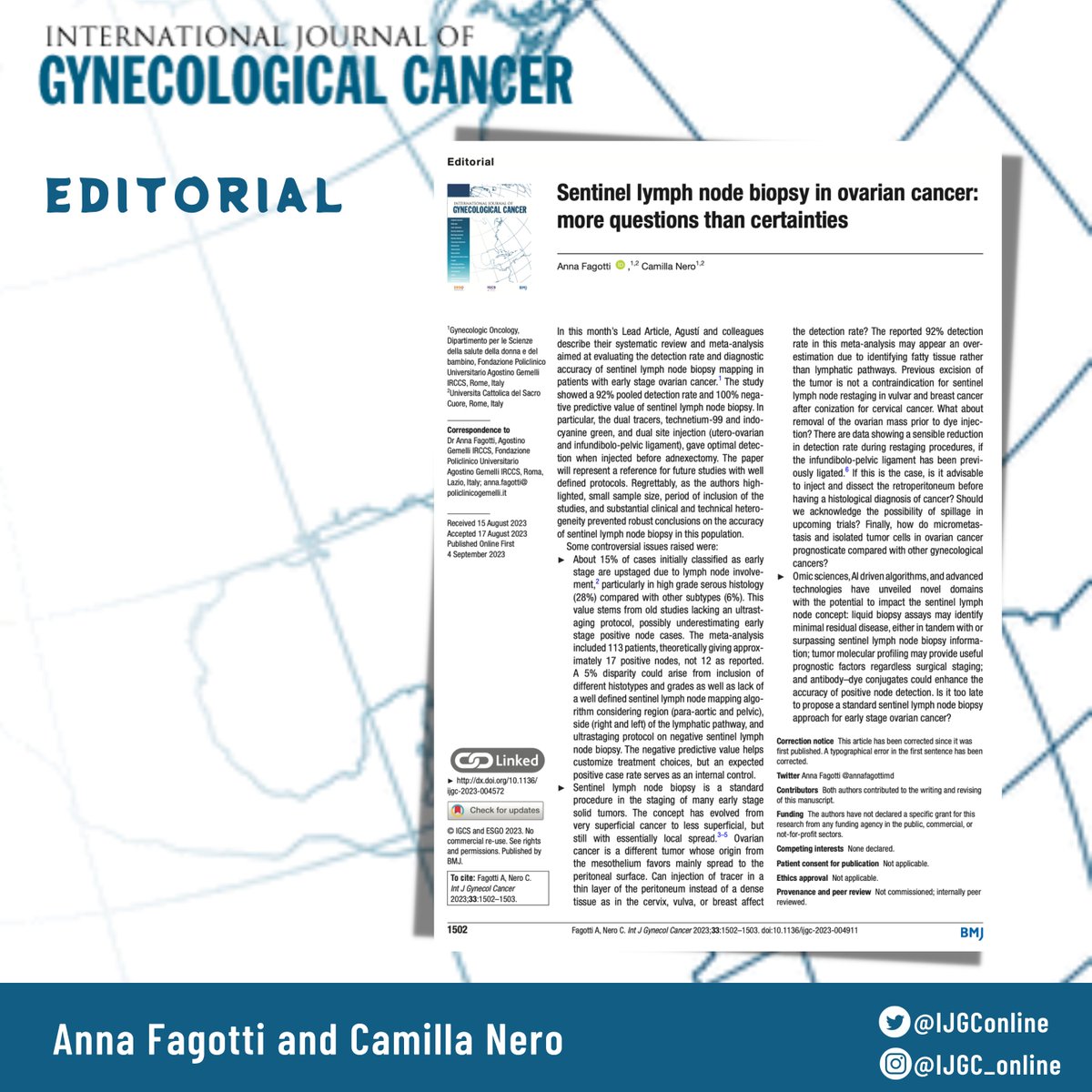 #Editorial Is it too late to propose a standard SLN biopsy approach for early stage #OvarianCancer?
<a href="/annafagottimd/">Anna Fagotti</a>

➡️ bit.ly/3PZ9RpX

<a href="/pedroramirezMD/">Pedro T Ramirez</a> <a href="/HsuMd/">Arthur_HC_Hsu</a> <a href="/JayrajAarthi/">Aarthi S Jayraj</a> <a href="/AndreFernandes2/">Andreina Fernandes</a> <a href="/IGCSociety/">IGCS</a> <a href="/ESGO_society/">ESGO</a> <a href="/ENYGO_official/">European Network of Young Gynae Oncologists</a> <a href="/OncoAlert/">OncoAlert</a> <a href="/IJGCfellows/">IJGC Fellows</a> <a href="/GynMe4/">SoMe4GynOnc</a>