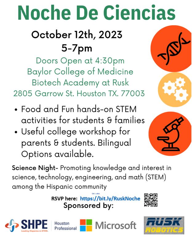BCMbiotechRusk's tweet photo. We'd like to invite all families with a current 5th grader to attend our Noche de ciencias event and learn about our health science program. Sign up today! @lantrip_hisd @KetelsenElem @AthertonES @LantripEs @PattersonESHISD @GrissomES @BruceElementary @ScarboroughElem @CrockettES https://t.co/umhy14ljh1