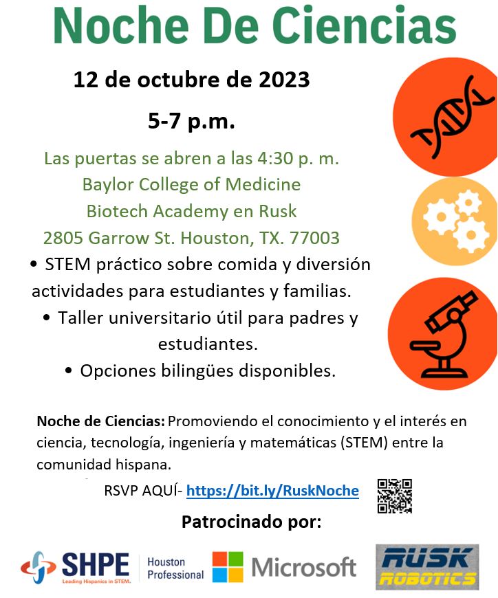 We'd like to invite all families with a current 5th grader to attend our Noche de ciencias event and learn about our health science program. Sign up today! @lantrip_hisd @KetelsenElem @AthertonES @LantripEs @PattersonESHISD @GrissomES @BruceElementary @ScarboroughElem @CrockettES