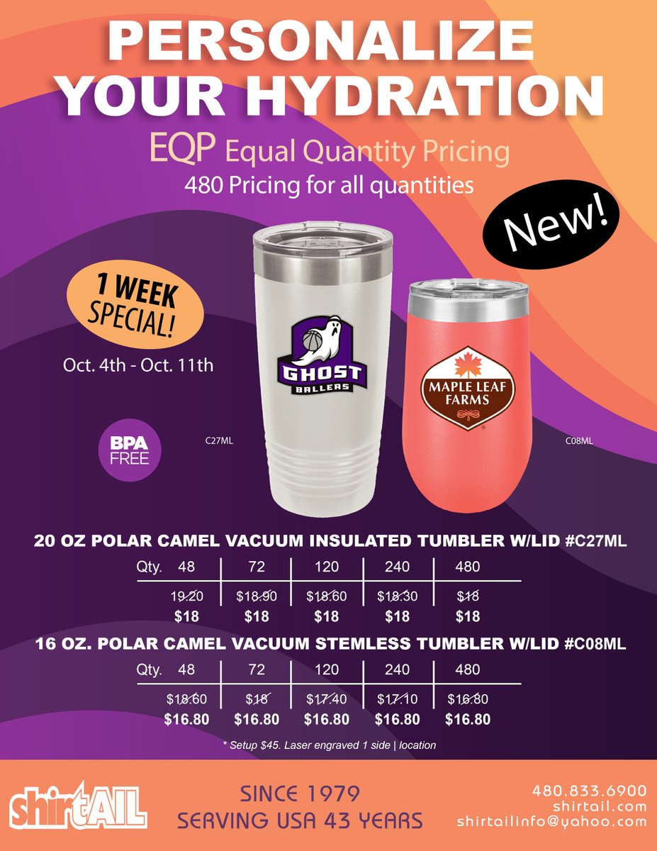 There are More Ways to Promote Your Business While You Hydrate.
1 Week Tumbler Special! 

Shirtail: Custom Printing &amp; Embroidery
877-447-8245
shirtailinfo@yahoo.com
Web: Shirtail.com
#SchoolTumblers
#TumblerCustomization
#SchoolSpirit
#TumblerDesigns
#HydrationStation