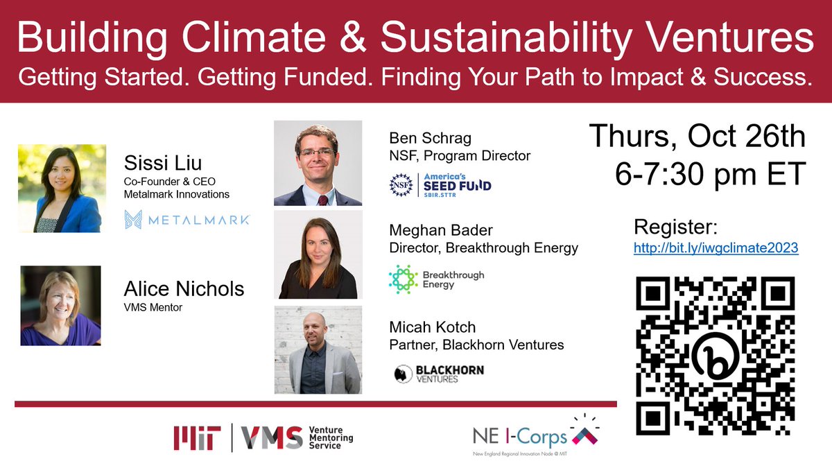 MIT VMS (@mitvms) on Twitter photo Join us for the next virtual event in our Impact series: Building Climate & Sustainability Ventures
Featuring climate & sustainability founders and funders from <a href="/NSF/">U.S. National Science Foundation</a> <a href="/Breakthrough/">Breakthrough Energy</a> <a href="/BlackhornVC/">Blackhorn Ventures</a> and <a href="/metalmark_xyz/">Metalmark Innovations</a>
Open to all, registration required: mit.zoom.us/meeting/regist… Join us for the next virtual event in our Impact series: Building Climate & Sustainability Ventures
Featuring climate & sustainability founders and funders from <a href="/NSF/">U.S. National Science Foundation</a> <a href="/Breakthrough/">Breakthrough Energy</a> <a href="/BlackhornVC/">Blackhorn Ventures</a> and <a href="/metalmark_xyz/">Metalmark Innovations</a>
Open to all, registration required: mit.zoom.us/meeting/regist…