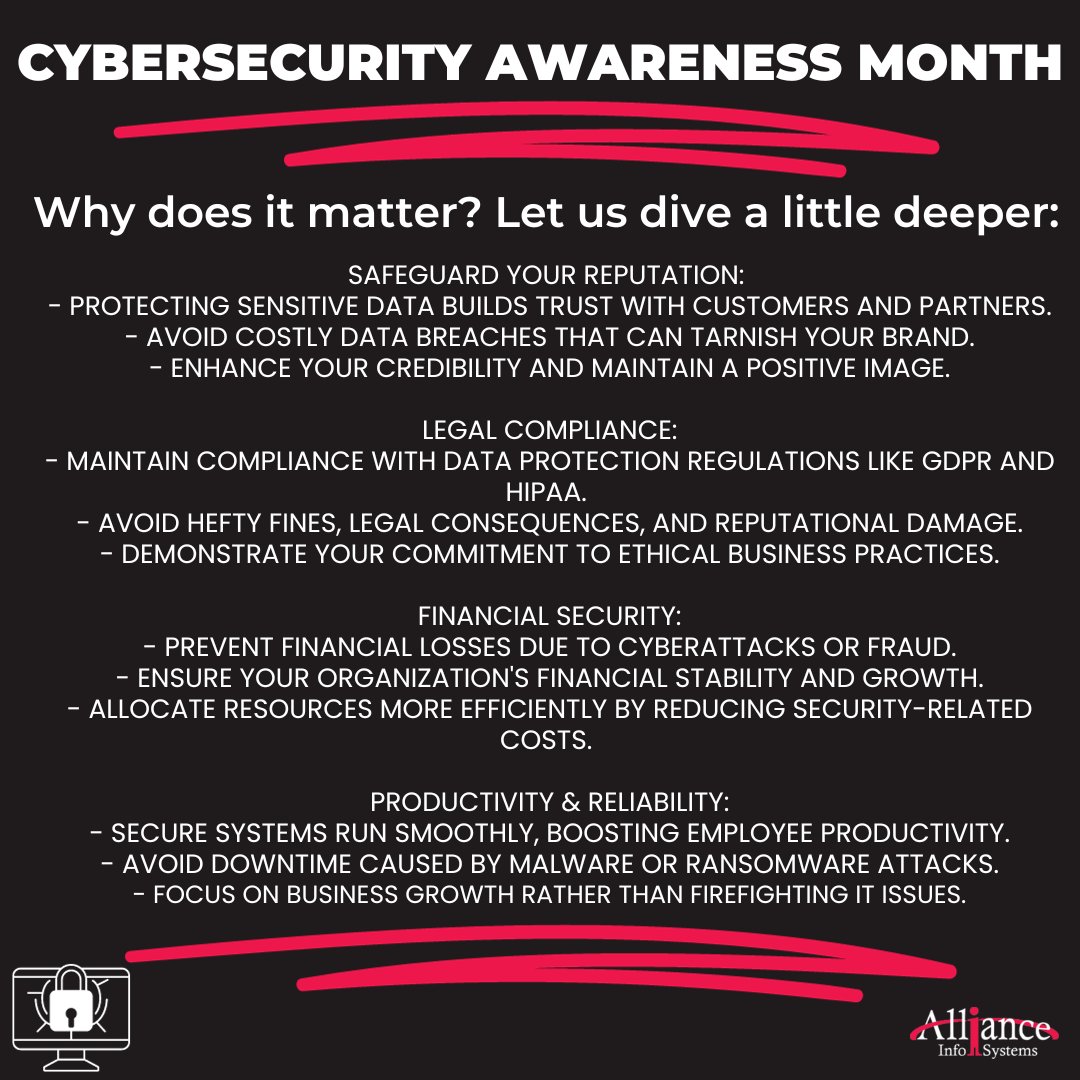 AllianceInfoSys's tweet image. October is CyberSecurity Awareness Month! Reach out to AIS today, to see how we are covering thousands of end points each day. 

#CybersecurityAwarenessMonth #protectyourbusiness #AllianceInfoSystems