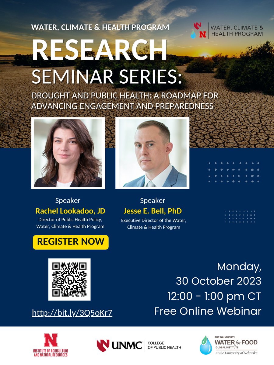 Our Research Seminar Series is back! 🎉 Tune in as @jesseeugenebell and Rachel Lookadoo, JD discuss their work on the nation’s first assessment of #drought and #health with @DroughtGov.

Secure your spot now! 🗓️➡️ Register at bit.ly/3Q5oKr7