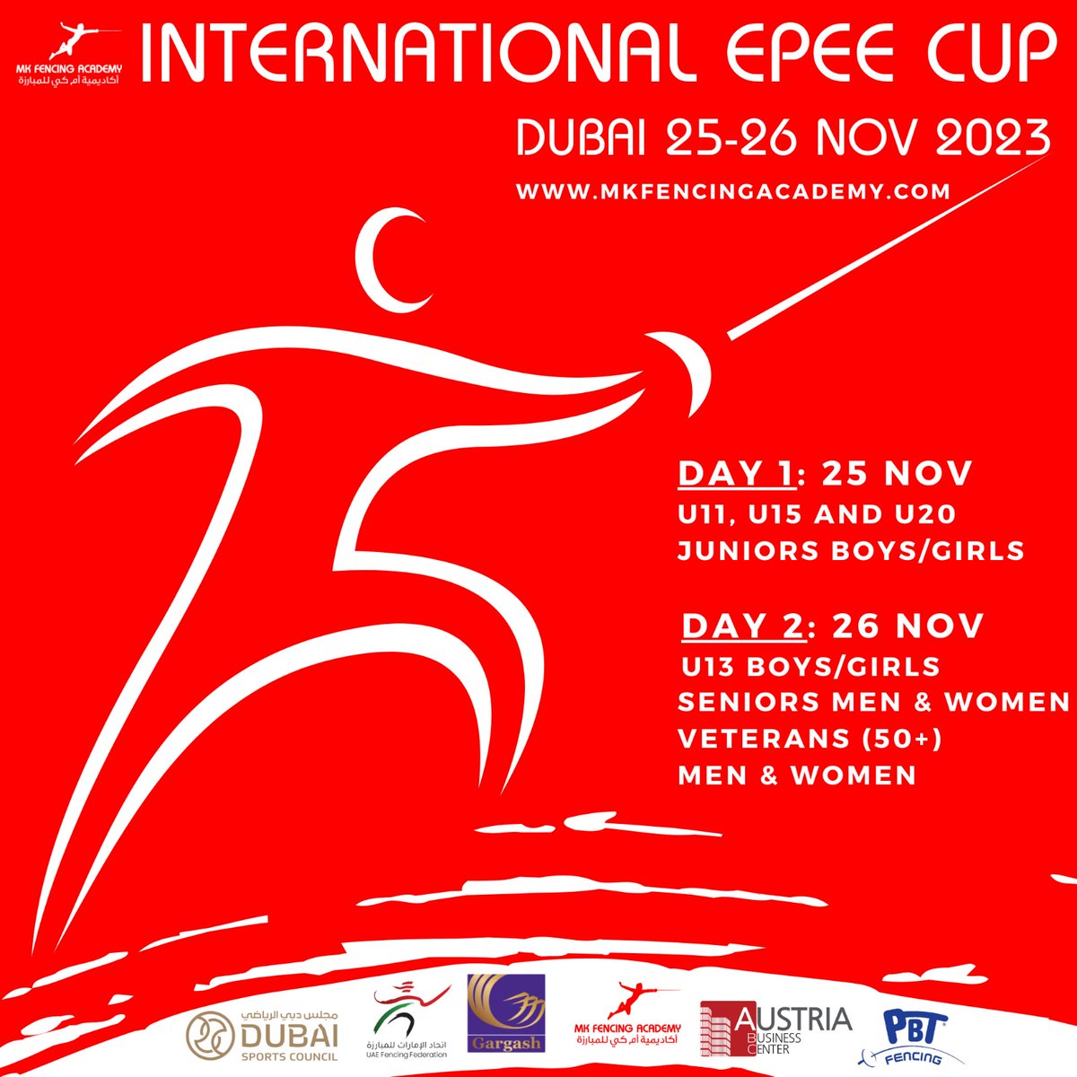 🤺 🌍 
Join us for the MKFA Épée C p 🏆 in Dubai, UAE on 25-26 Nov 2023. 
Info: linktr.ee/mkfencingacade…

Don't miss this unique fencing experience! 🤺

#PassionForFencing #MKFencingAcademy  #MKFAEpeeCup2023 🇦🇪

<a href="/uae_fencing/">UAE Fencing Federation | اتحاد الإمارات للمبارزة</a>
<a href="/HamdanSC/">HamdanSportsComplex</a>
<a href="/DubaiSC/">Dubai Sports Council</a>
<a href="/FIE_fencing/">Fencing</a>
<a href="/eurofencing/">EFC/CEE</a>