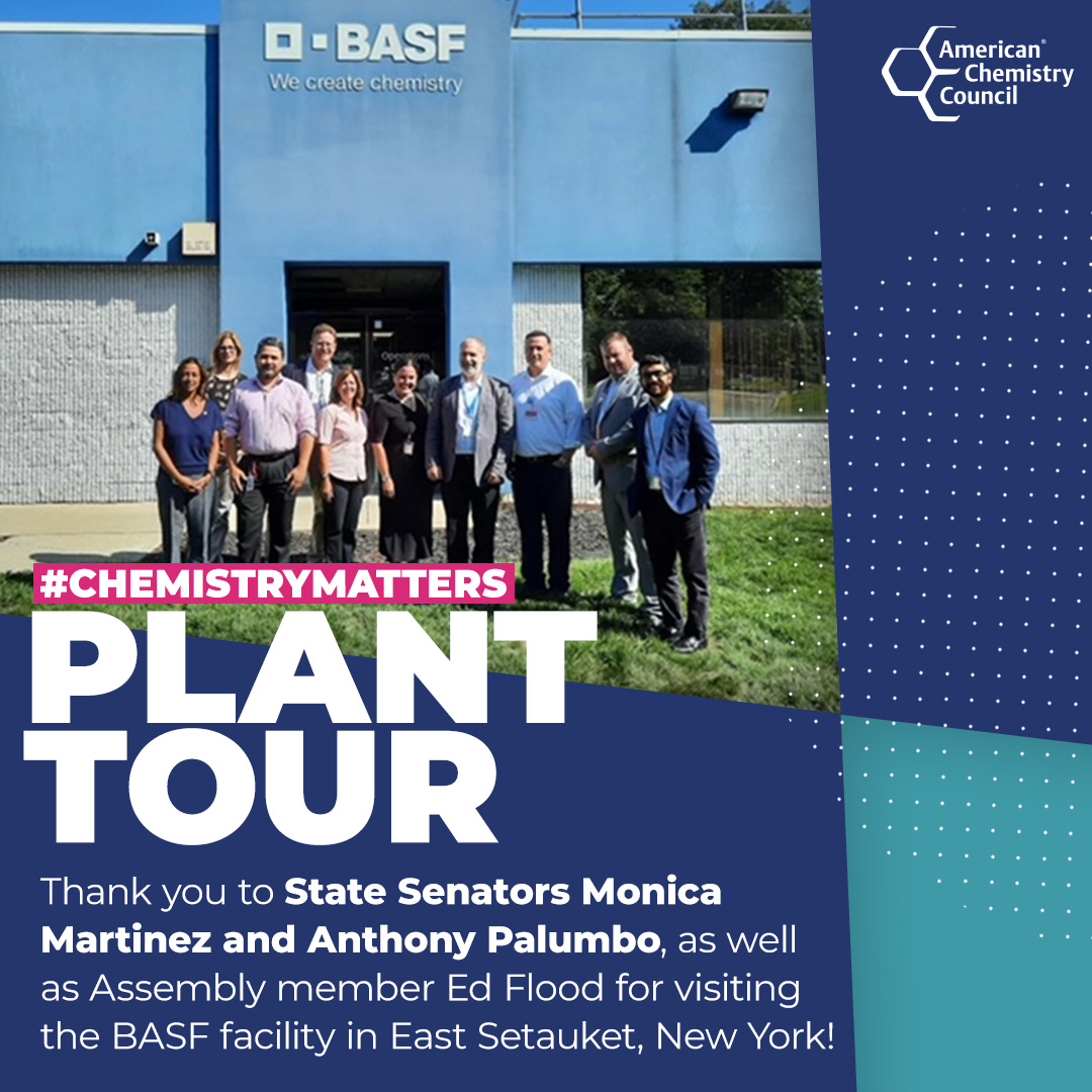 Thank you to New York State Senators <a href="/NYSSenatorMRM/">Senator Monica R. Martinez</a>, <a href="/AnthonyHPalumbo/">Anthony H. Palumbo</a> and Assemblymember Ed Flood for visiting <a href="/BASFCorporation/">BASF North America</a>'s facility in East Setauket, NY last month! Here, they make raw materials for personal care products.