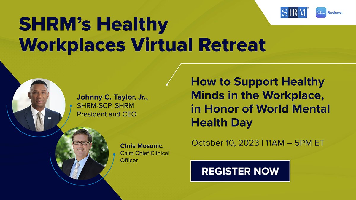 Thrilled to be a part of @SHRM's Healthy Workplaces Virtual Retreat alongside @chrismosunic, Chief Clinical Officer at @Calm.

Let's champion a future where mental health is not an afterthought, but a cornerstone in our organizational strategy.

#SHRM #Calm #HealthyWorkplaces