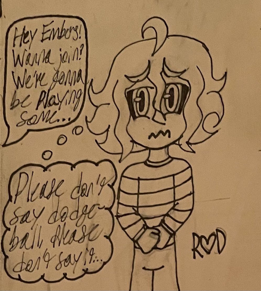 HeartGirl2020's tweet photo. Inktober Prompt 4 - Dodge (featuring Embry from INMIMB dreading dodgeball, because they seem like the type to do so and it was the only thing I could come up with)
#Inktober #inktober2023 #embry #inmimb https://t.co/bBKf0O3s7A