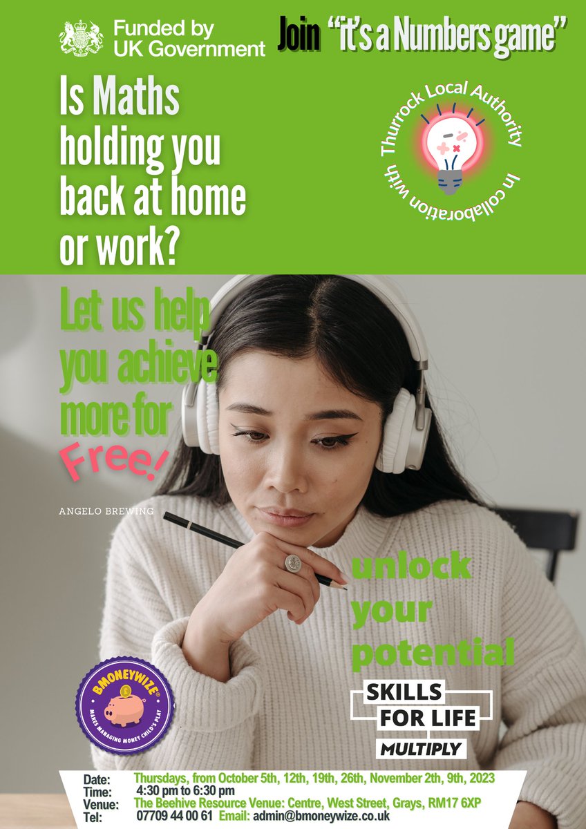 bMoneywize's tweet photo. Join us in #Thurrock as we deliver for the #Multiply #maths and #numbers initiative. We will be running the workshops from the @Thurrockcvs's #beehive centre. Time: 4:30pm to 6:30pm on #Tuesdays. Call 07709 44 00 61 #skillsforlife https://t.co/UaqmOgvk4a