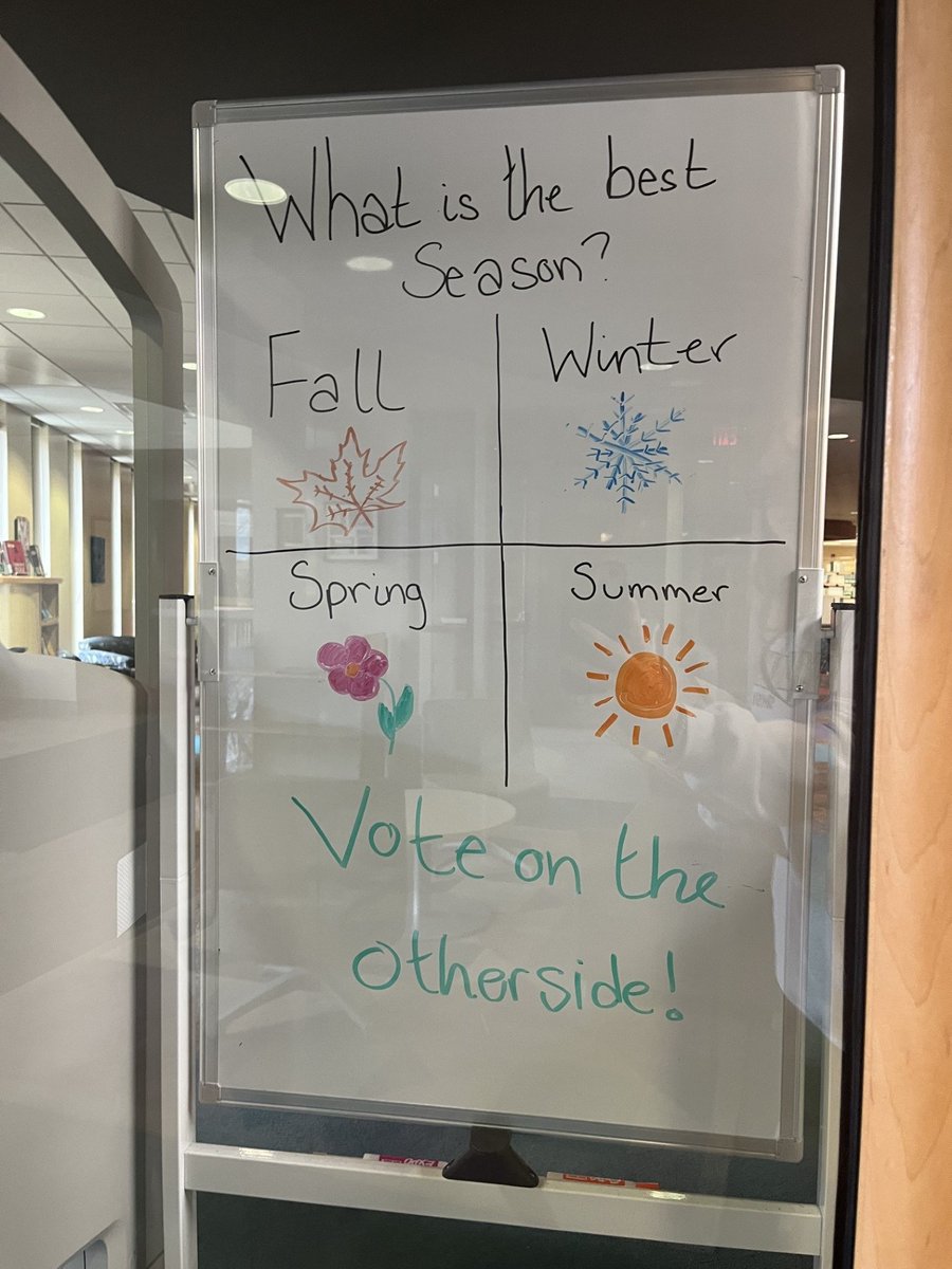 smsulibrary's tweet photo. It's #whiteboardwednesday! What is the best season? 🍁❄️🌷☀️ https://t.co/IauySFuWxC
