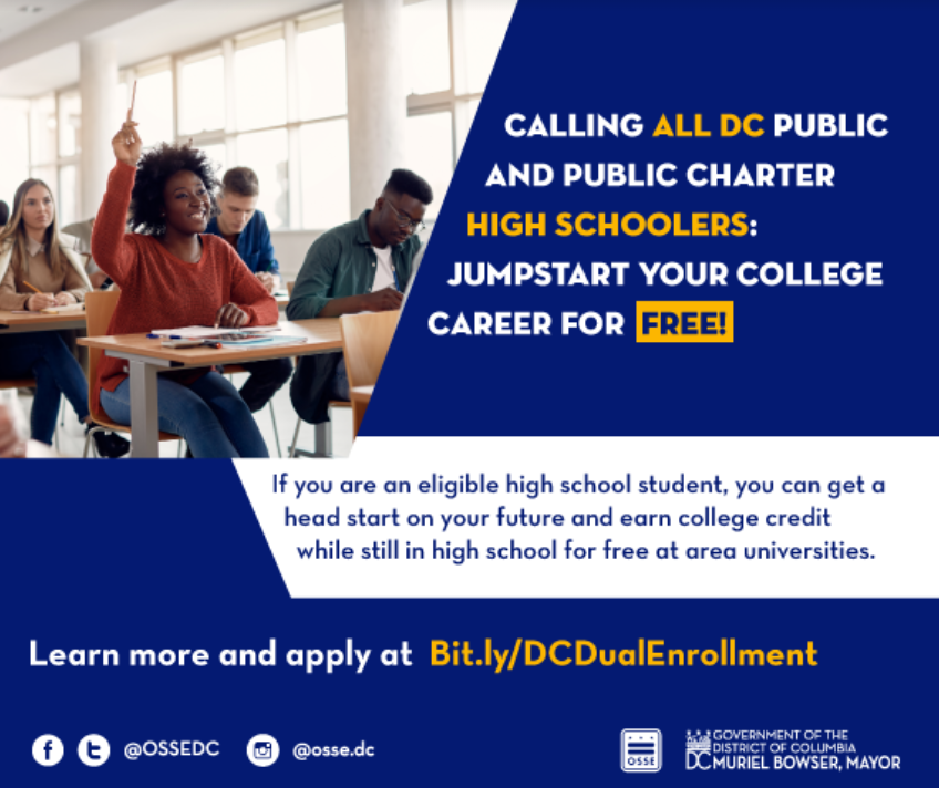 OSSE (@ossedc) on Twitter photo The spring 2024 application for the DC Dual Enrollment Program is now open! <a href="/dcpublicschools/">DC Public Schools</a> and <a href="/dcpcsb/">DC PCSB #DCCharterProud</a> 10-12 graders can enroll in college courses and earn college credits at no cost while still attending their DC high school. ow.ly/3h4h50PMLM2 The spring 2024 application for the DC Dual Enrollment Program is now open! <a href="/dcpublicschools/">DC Public Schools</a> and <a href="/dcpcsb/">DC PCSB #DCCharterProud</a> 10-12 graders can enroll in college courses and earn college credits at no cost while still attending their DC high school. ow.ly/3h4h50PMLM2