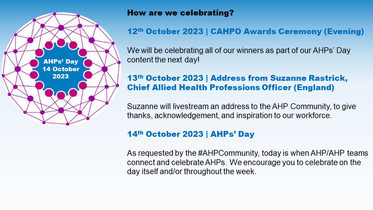 🚨It’s less than 2 weeks to #AHPsDay 🌟Our theme in England this year: ‘AHPs in the right place, at the right time, with the right skills’ 📆 #CAHPO #AHPsDay Live Address: Friday 13th October 9.30 – 10.00hrs Join here 👉 teams.microsoft.com/l/meetup-join/… #AHPsDeliver @WeAHPs