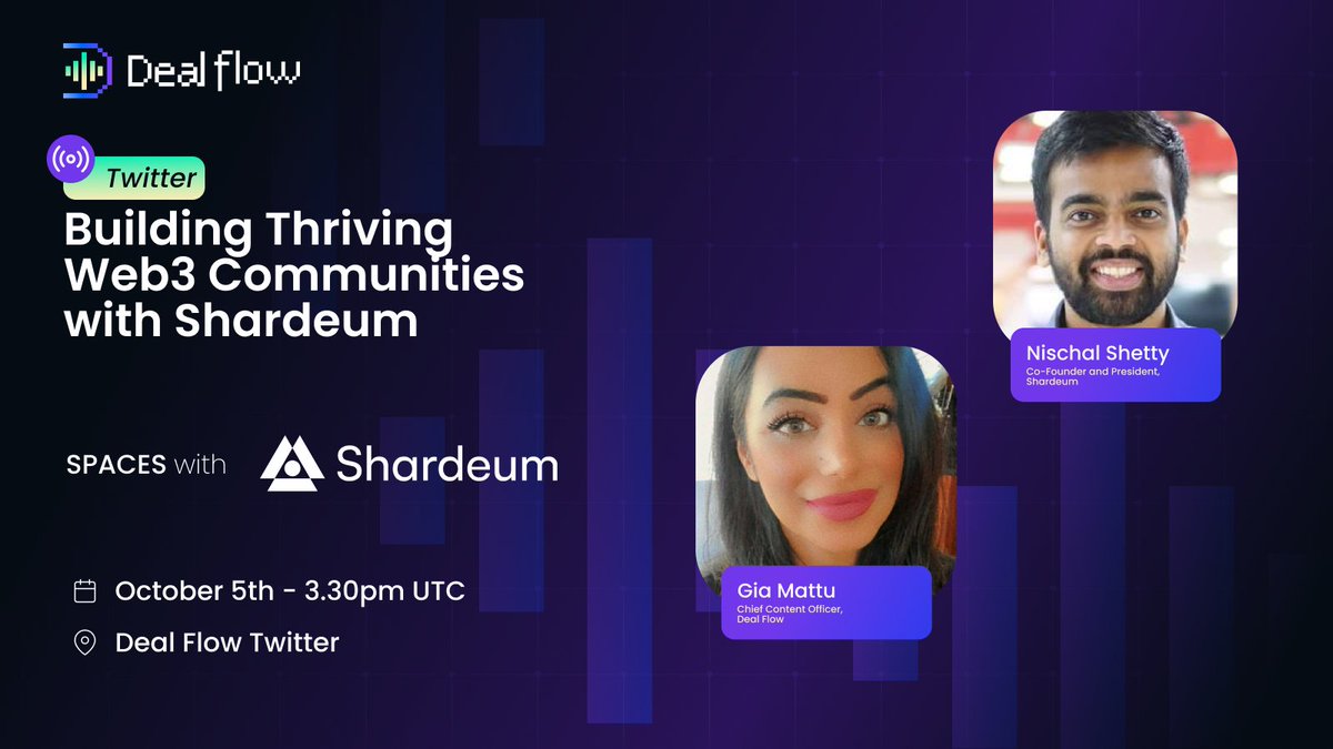 dealflowpodcast's tweet photo. Building Thriving Web3 Communities with Shardeum

🚀Join our LIVE #TwitterSpace Tomorrow!
🗓️ October 5th - 3.30pm UTC

Featuring special guest @shardeum 

Mark your calendar!📌
https://t.co/HozBiAawTP https://t.co/YsRxgDgLdB