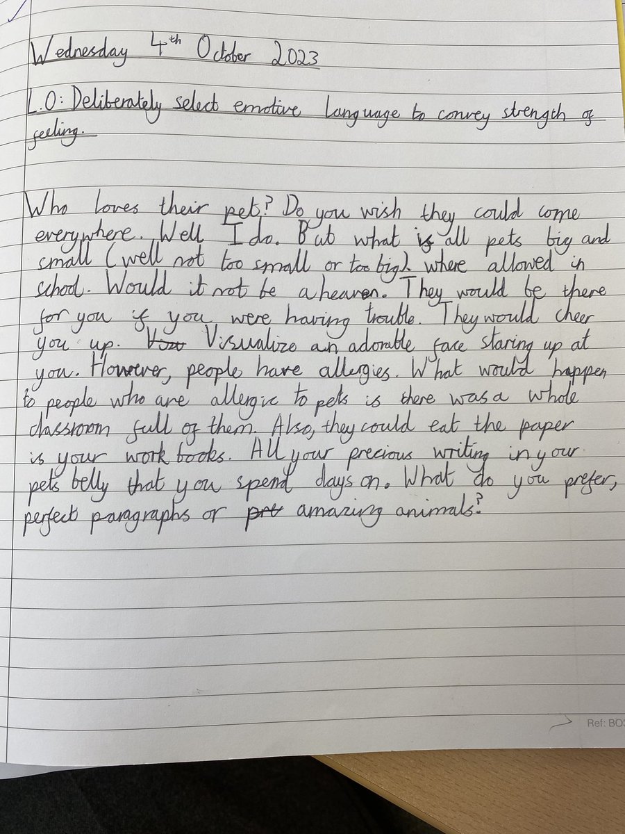 Mrs_Instance's tweet photo. Year 6 have written some superb paragraphs using emotive language. All ready to include them in their discursive speeches! @Curriculum_USP @WHPrimary @Edu_Meadows @baronbedford https://t.co/Cc0FxpoKsp