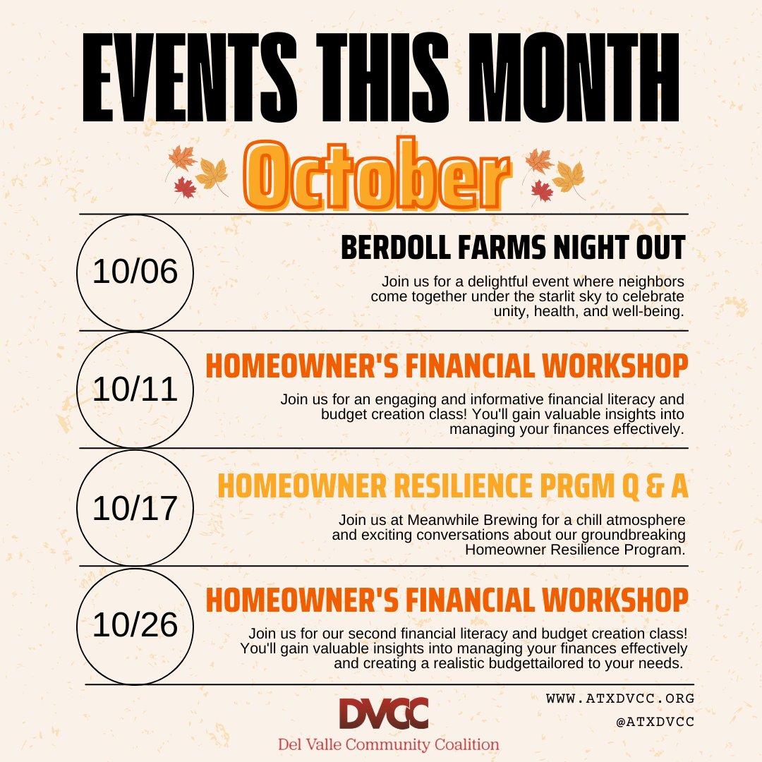 🌟Events This Month!🌟 🖊️RSVP to our HOMEOWNER EVENTS via atxdvcc.org/events 🖊️RSVP para nuestros eventos para Propietarios de Viviendas en atxdvcc.org/events